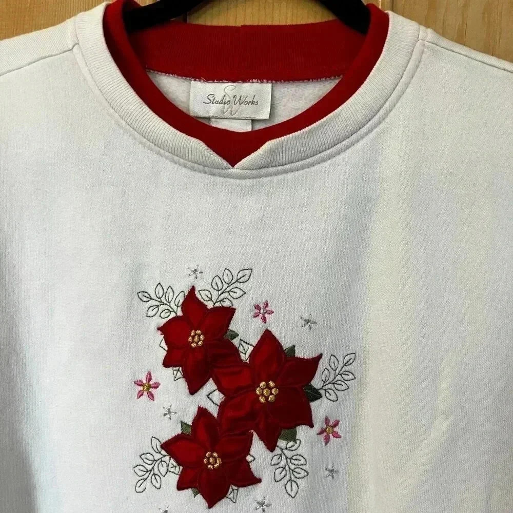 Studio Works Womens Vintage 90s Christmas Flowers Sweatshirt Large White XM EXC - Picture 5 of 10